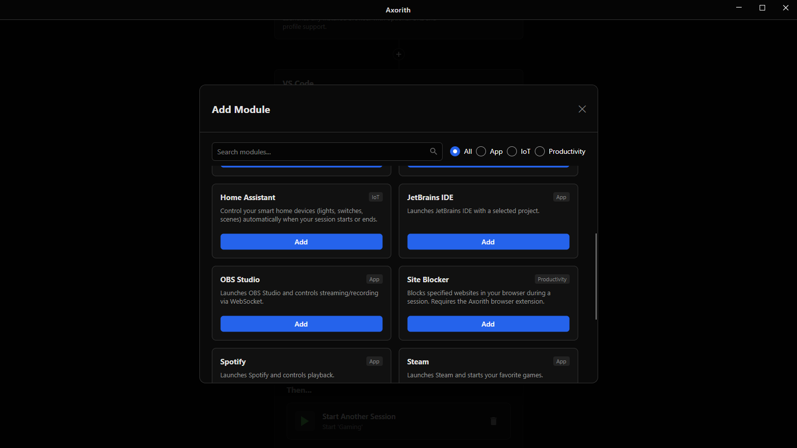 Axorith session scheduling interface on Windows