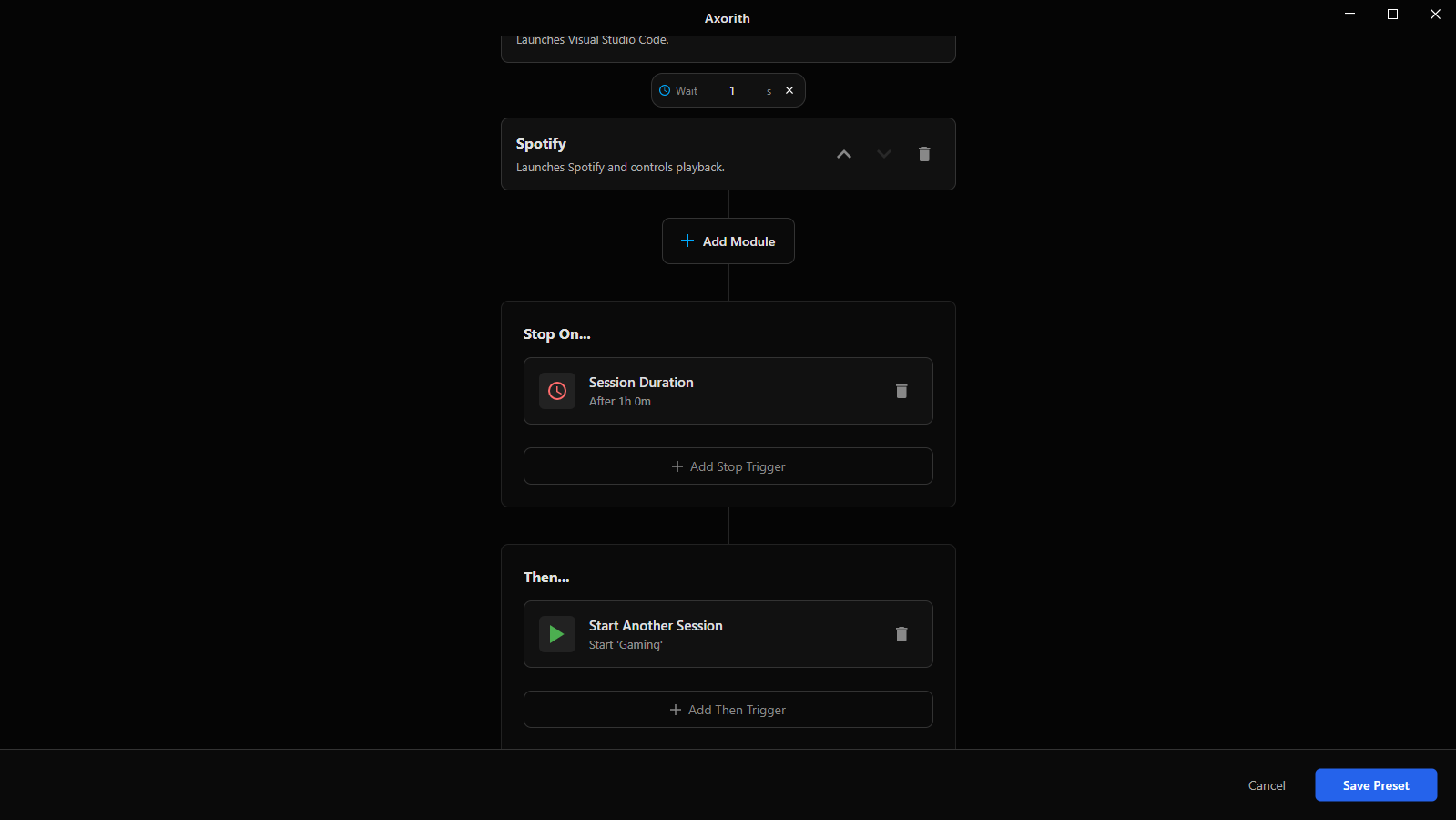 Axorith schedule interface for a preset