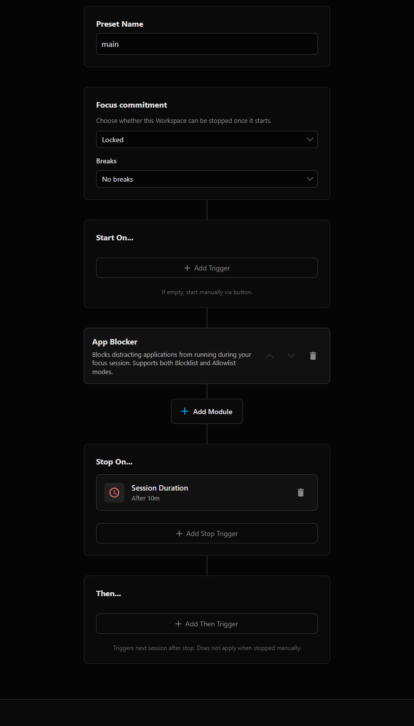 Axorith preset editor showing preset name, Focus Commitment, Start On, App Blocker, Stop On and Then sections